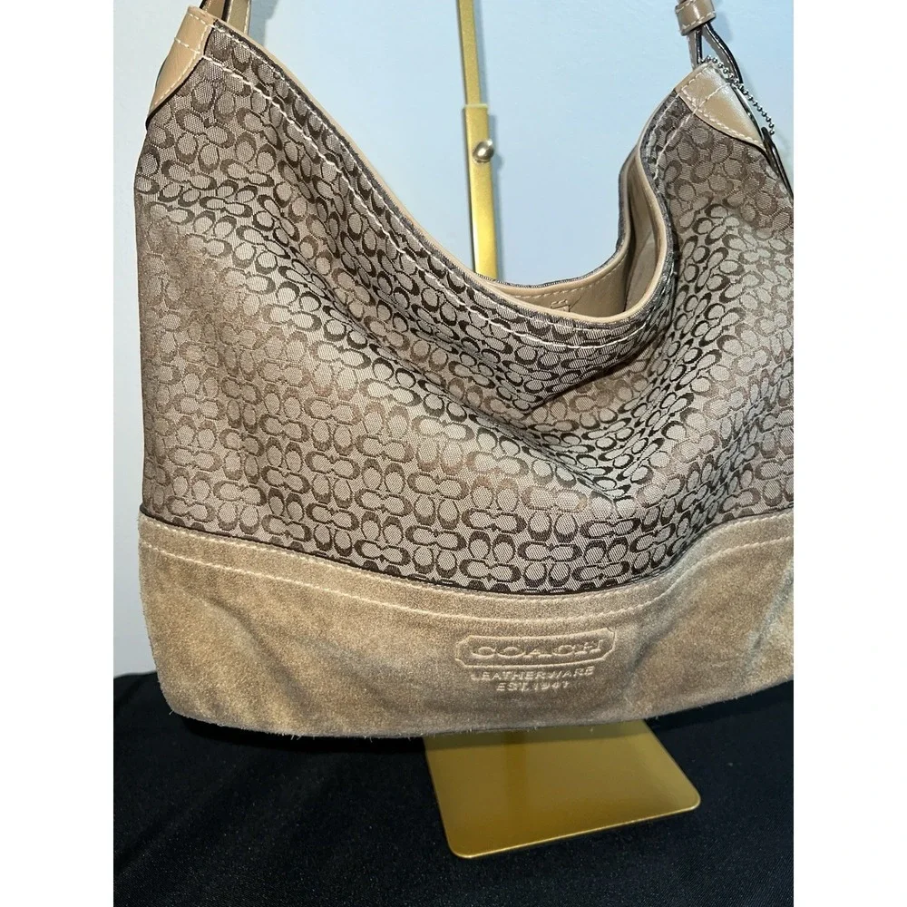 Coach Signature Brown Canvas‎ Suede Hobo Shoulder Bag